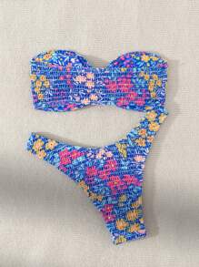 Swim Mod Women Bikini Swimwear Set, Random Print Strapless Push Up Bra With Bikini Bottom, Ideal For Summer, Beach And Swimming Pool,Summer Beach