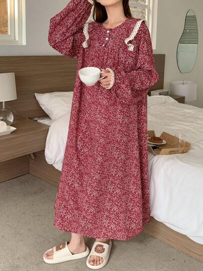 DAZY Spring Ditsy Floral Ruffle Hem Nightgown Pajama, Moo Moo, For Fall, Winter