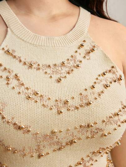 Anewsta 圆领奢华金色珍珠装饰贴身针织背心，女士夏季服装