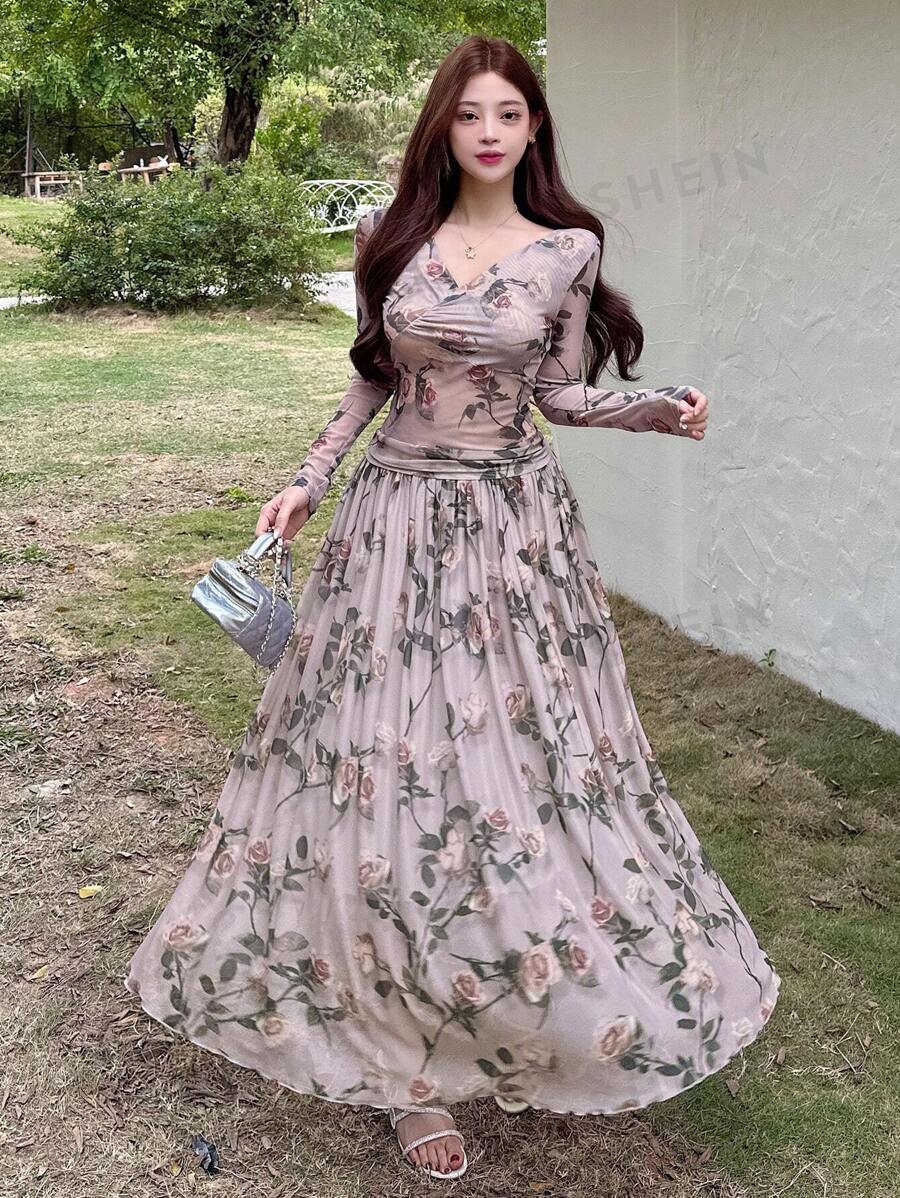 DAZY Set de 2 piezas: Blusa de hombros descubiertos con fruncido de malla floral y falda - Mujer, Volantes, Ropa de mujer de otoño