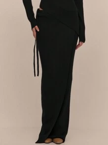 MUSERA 侧系带针织长裙，优雅春假可爱性感90年代复古风，适合节日、毕业典礼、婚礼宾客、秋季、冬季日常穿着，时尚别致，情人节适用。 - 黑色 - 查看 2