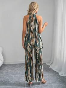 SHEIN Clasi 2pcs/Set Women Elegant Tie Dye Print Halter Top & Wide Leg Loose Pants Set, Spring/Summer - Multicolor - View 2