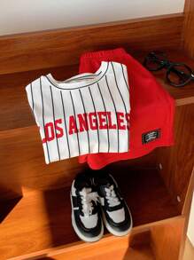SHEIN 2pcs/Set Young Boys Casual Fashion Street Loose Letter Print Striped Round Neck Short Sleeve T-Shirt And Solid Color Shorts Knit Sports Suit, Suitable For Spring/Summer, Daily, Sports, Outing, School, Party, Festival, Photo Shooting - Red - View 3