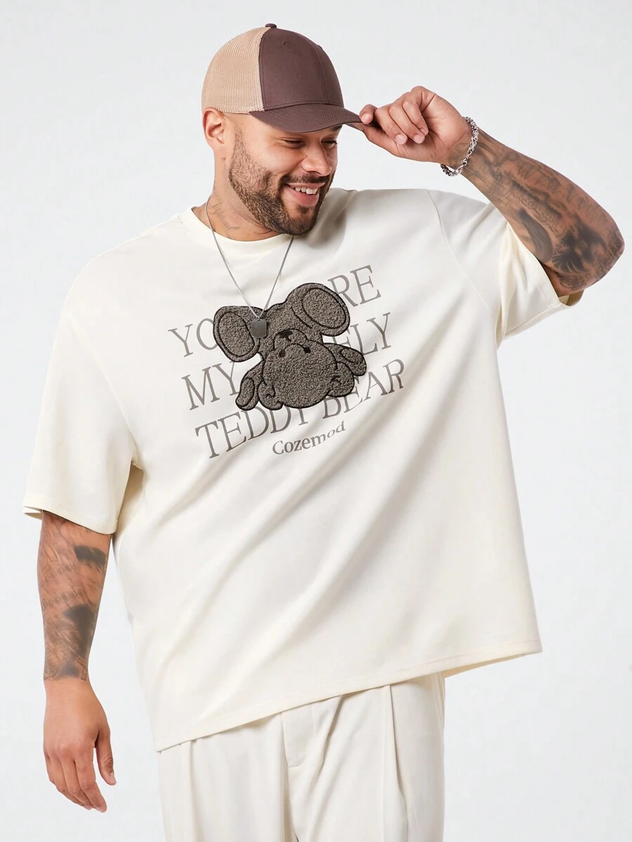 Manfinity VCAY Plus Size Men's Casual Loose Embroidered Bear Short Sleeve Crew Neck T-Shirt - White - View 1