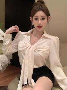 DAZY Women's Solid Color Long Sleeve Casual Blouse With Tie - Beige - View 4