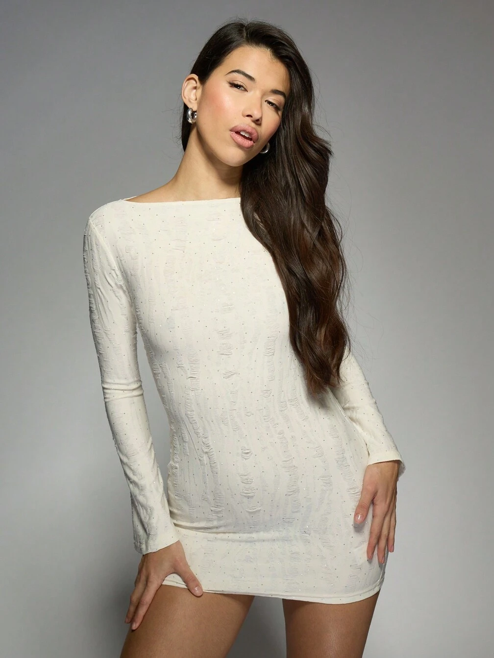 distressed long sleeve dress Long Sleeve Distressed Detail Mini Dress In Black Stripe Knit | EGO US