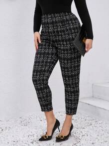 SHEIN Tall CURVE Plus Size High Waist Elastic Plaid Simple Slim Fit Casual Pants,Office Outfits For Women - Black - View 5
