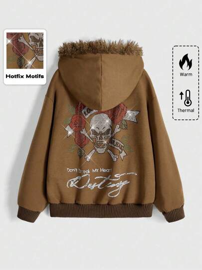 Grunge Punk sweat-shirt à capuche zippé vintage rétro oversize, épais et pelucheux, avec un motif de crâne strass