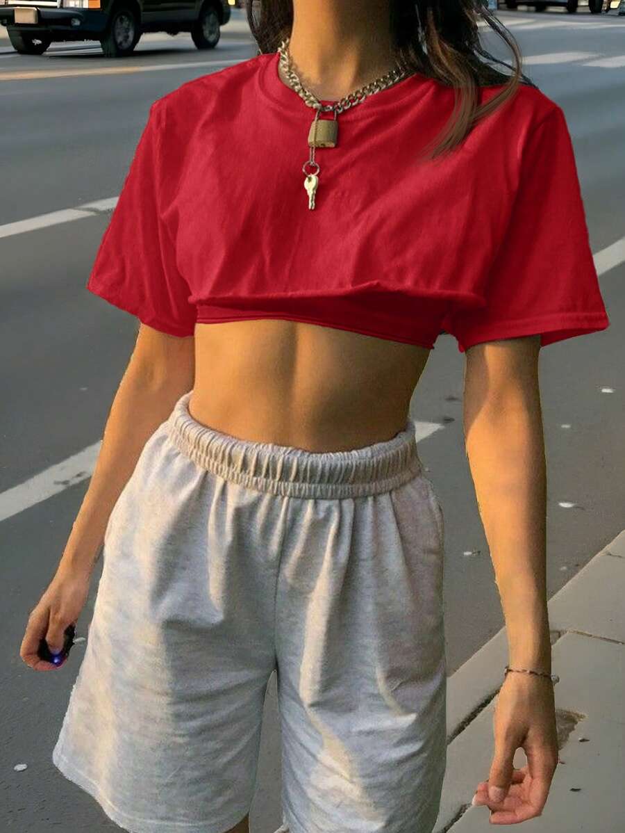 SHEIN EZwear Camiseta corta de manga corta con cuello redondo de unicolor para mujer - Rojo - Ver 1