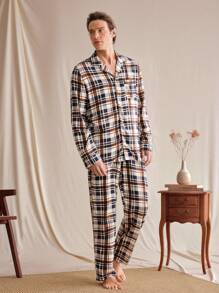 SHEIN EverLounge Heren 2-delige set geruite lange mouwen enkelrijs top en broek nachtkleding pak