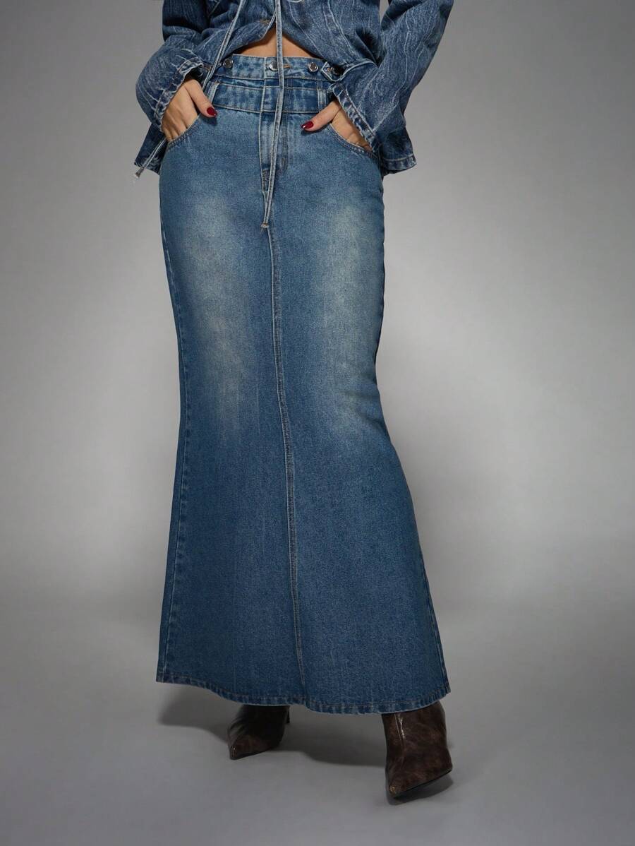 MISSGUIDED Double Waistband Denim Maxi Skirt - Medium Wash - View 1