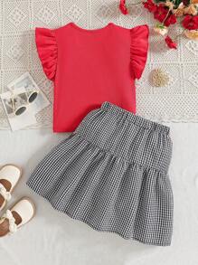 Tween Girl Fashionable Ruffle Sleeve Top And Plaid Skirt 2pcs Set Summer Holiday - Burgundy - View 2