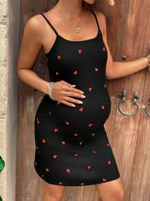 SHEIN Váy bầu ôm vừa vặn họa tiết trái tim không tay ngày lễ tình nhân - màu đen - Xem 5
