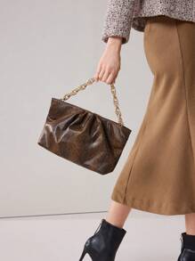 MOTF PREMIUM WOMEN SNAKE SKIN EMBOSSED RUCHED CHAIN CLUTCH - Brown - View 5