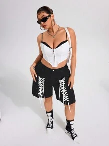 SHEIN ICON Street Fashion Lace-Up Washed Non-Stretch Denim Shorts - Black - View 4