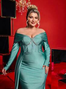 SHEIN X Izzy Darnell Glamrae Plus Size Szaro-zielona Elegancka luksusowa sukienka z odkrytymi ramionami z kryształkami i falbaniastym ogonem syreny wieczorowa sukienka