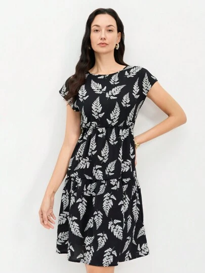 EMERY ROSE Spring/Summer Casual Floral Print Waisted Short Sleeve Round Neck Dress For Women