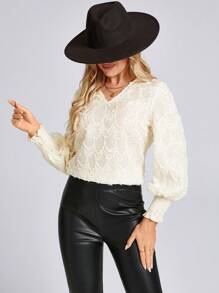 SHEIN LUNE Áo cánh tay đèn lồng cắt xẻ họa tiết vải jacquard họa tiết ngày lễ tình nhân, trang phục dạo phố thanh lịch, trang phục đi làm thường ngày, trang phục lãng mạn cho phụ nữ, trang phục đi nghỉ ngày lễ tình nhân cho phụ nữ - trắng - Xem 4