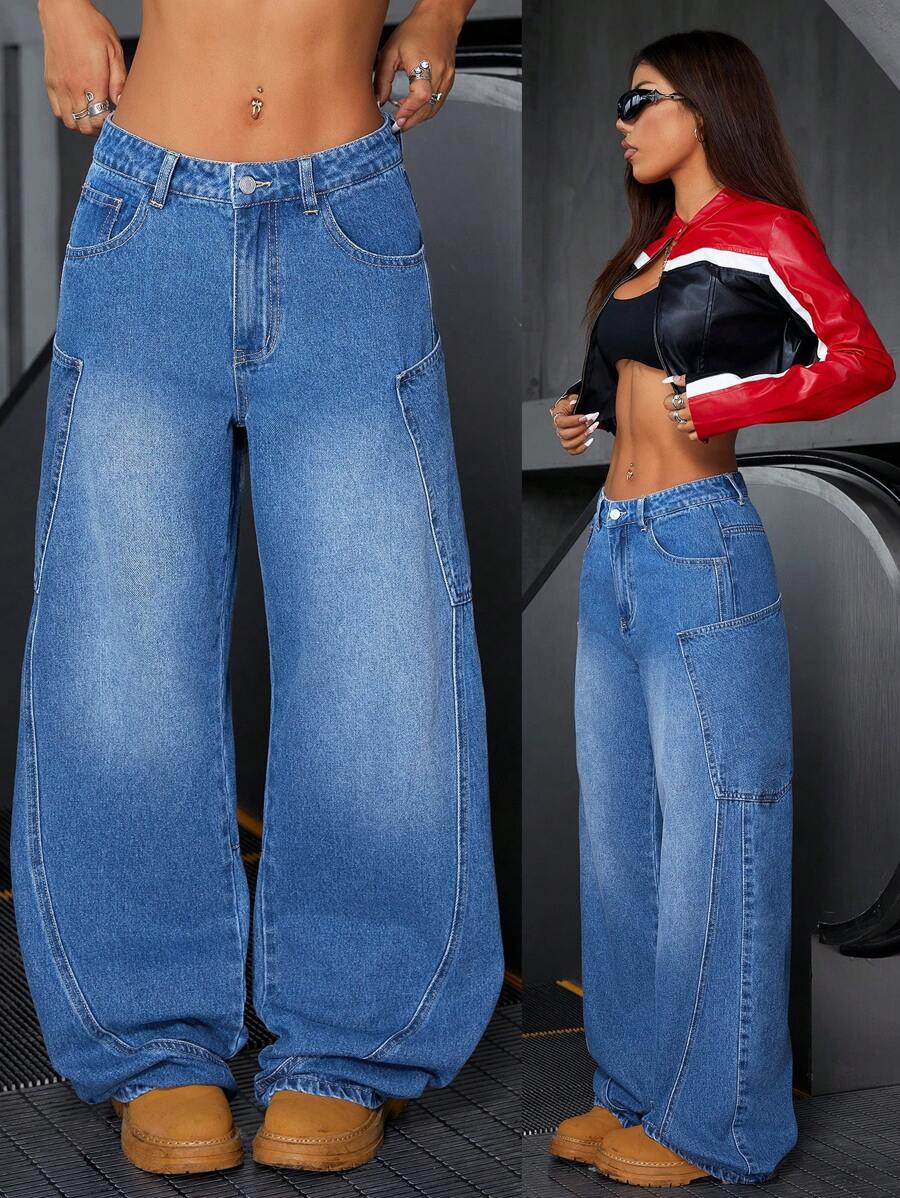 SHEIN ICON 女式前扣口袋简约休闲牛仔裤，日常穿着 - 藍色 - 查看 1