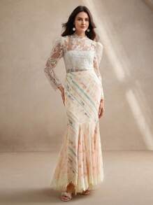 Anewsta Layered Contrast Lace Elegant Print Skirt, Suitable For Vacation And Beach - Multicolor - View 4