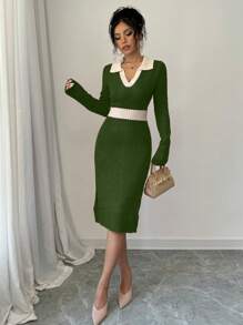 Chiquease Color Block Patchwork Slim Fit Sweater Dress, Casual Autumn/Winter For New Year Clothes
