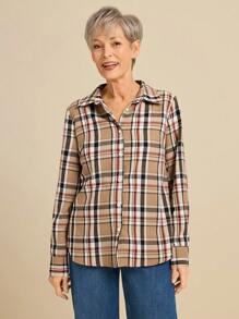 SHEIN LUNE 女士休闲单排扣长袖宽松衬衫，秋季 - 卡其色 - 查看 6