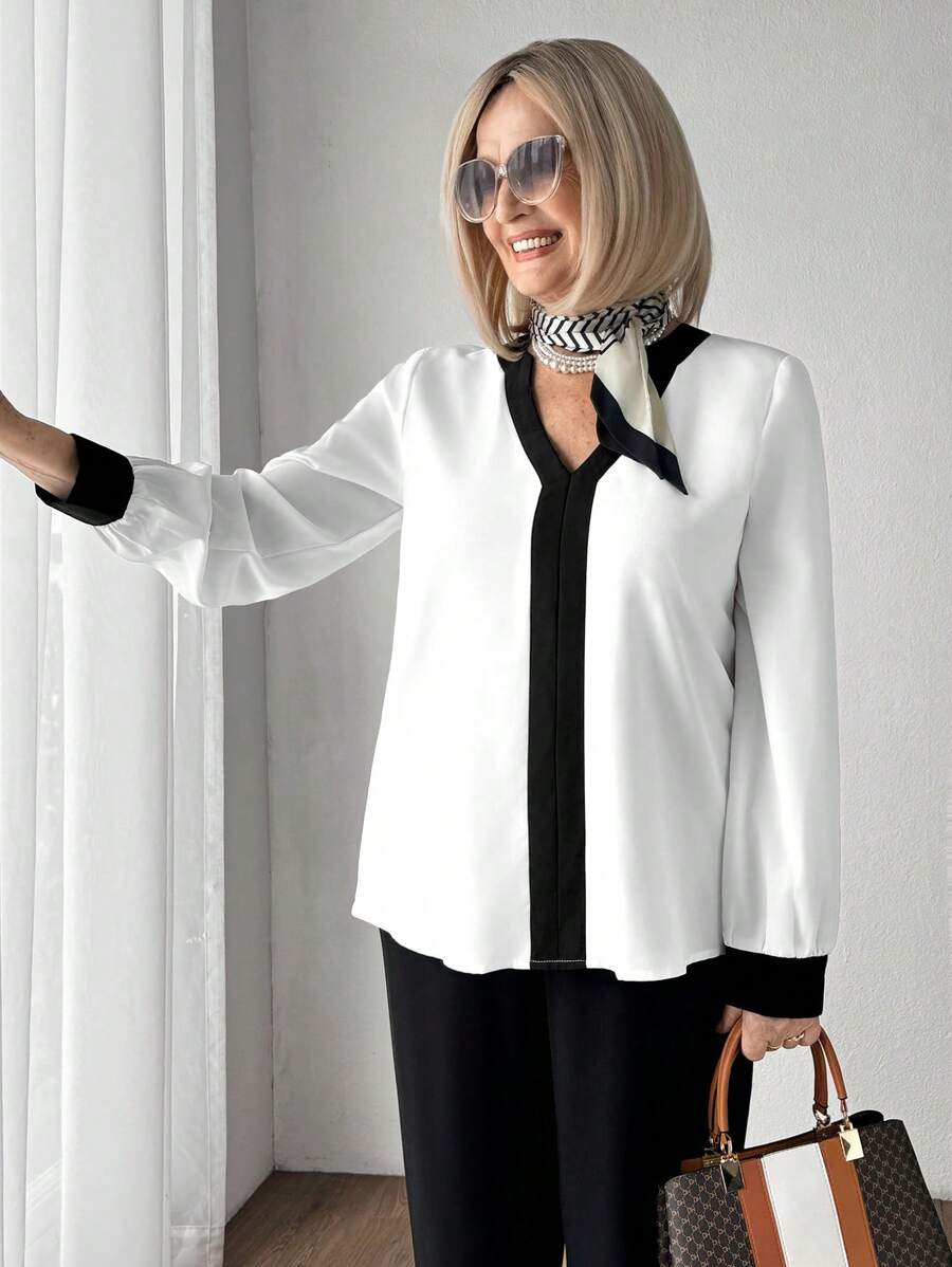 SHEIN LUNE Women's Colorblock V-Neck Long Sleeve Casual Top, Everyday Wear - White - View 1