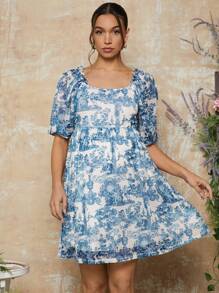 MaterniChic 孕妇泡泡袖方领A字蓝色连衣裙 - 淺藍色 - 查看 4