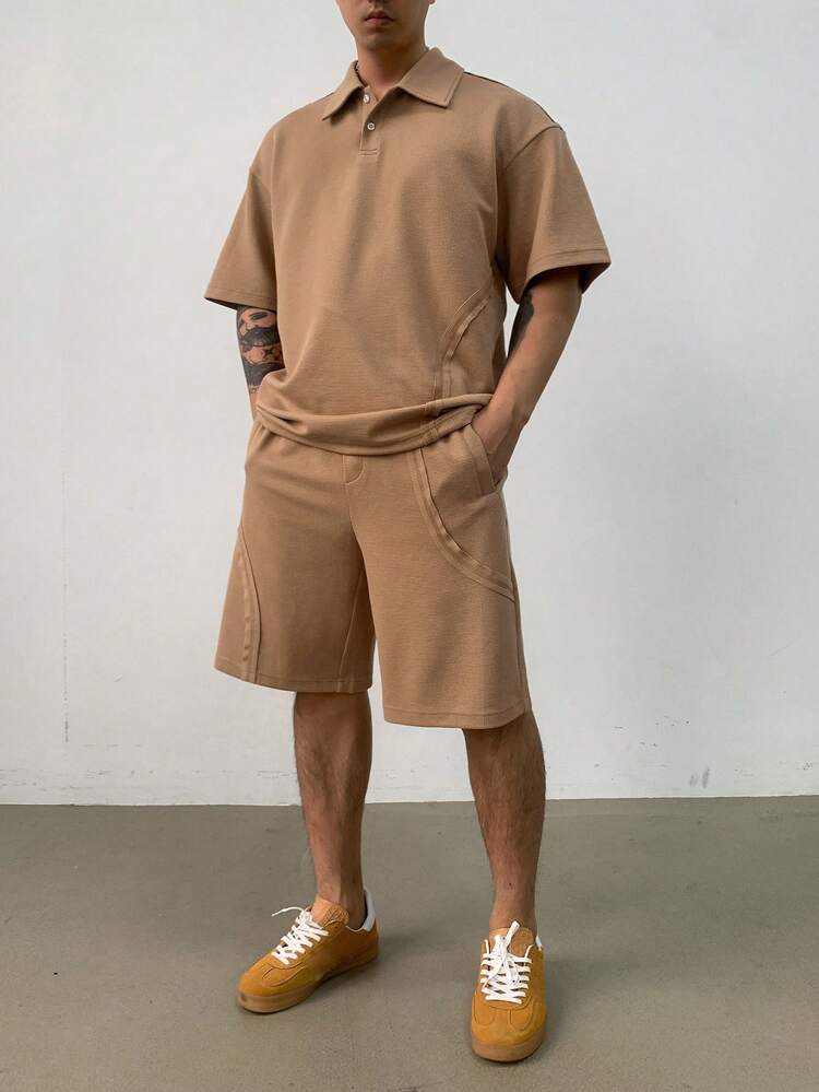 Summer Solid Color Textured Fabric Short Sleeve Polo Shirt And Shorts Set For Men