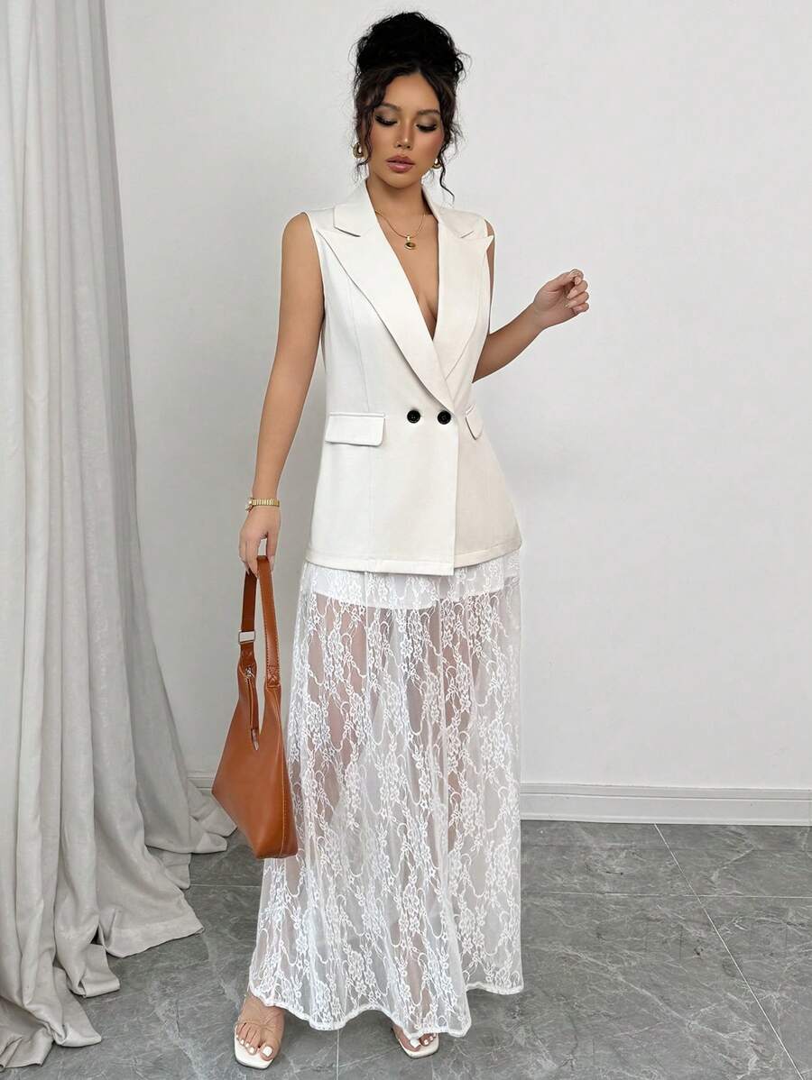 Chiquease 2pcs Set: Casual Open Front Jacket & Lace Skirt - White - View 1