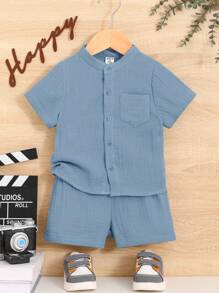 2pcs Baby Boy Casual Fashion Stand Collar Shirt Top And Shorts Set - Blue - View 1