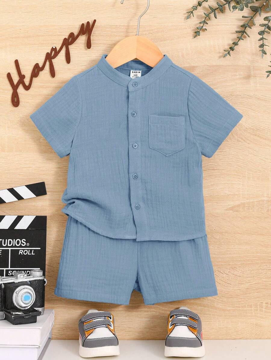 2pcs Baby Boy Casual Fashion Stand Collar Shirt Top And Shorts Set - Blue - View 1