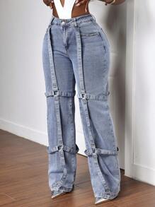 Slaydiva 女士前扣口袋休闲牛仔裤，日常穿着 - 藍色 - 查看 4