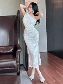 DAZY Vestido ajustado de Body con abertura, manga larga con hombro oblicuo, parche de piel, vestido de fiesta, vestido de graduación para mujer, vestido de lujo con lentejuelas para Año Nuevo, vestido brillante de carnaval, vestido largo, vestido de cóctel - Blanco - Ver 8