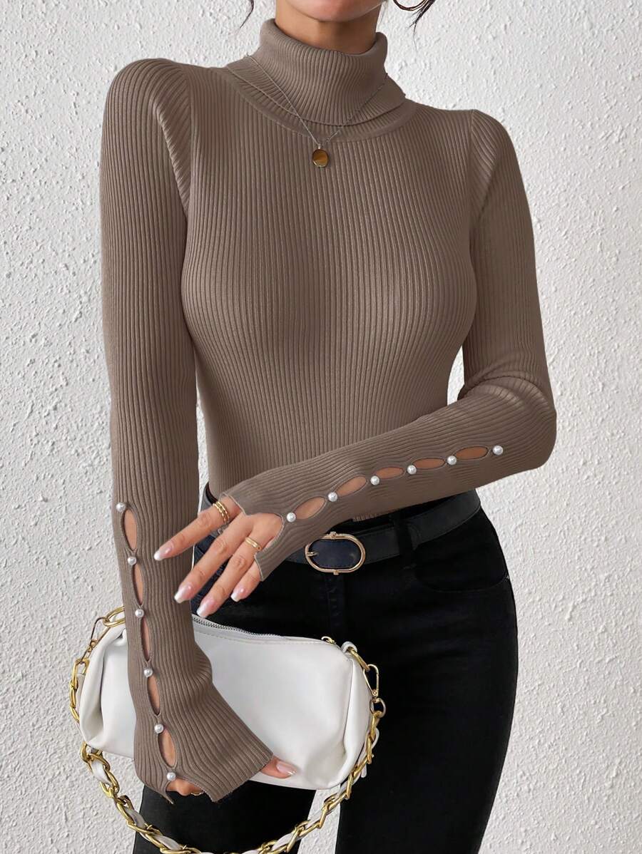 Chiquease Casual Solid Color High Neck Beaded Hollow Out Long Sleeve Sweater, Autumn/Winter Knit Pullover Fall Outfit - Khaki - View 1
