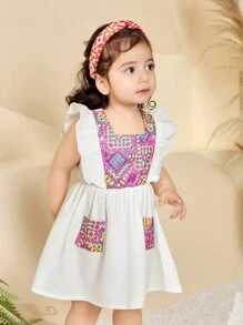 Baby Girls 0-3 Years Elegant Retro Vacation Casual Pattern Ruffle Knit Dress, White & Rose Red Colorblock, White Dress