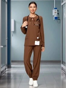 SHEIN TaskFit 2pcs/Set Women Anti-Wrinkle Tie Neck Long Sleeve Nurse Top And Scrub Uniforms Pants - Brown - View 4