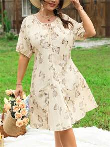 SHEIN LUNE 大码女式长袖花卉印花系带中式长裙，优雅时尚宽松凉爽连衣裙，缓解压力的服装，夏季 - 黃色 - 查看 6