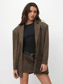 SHEIN Unity Women's New Solid Color Deer Suede Casual Blazer Jacket & Mini Skirt 2 Pieces Set, Autumn Fall Cloth For Women - Brown - View 4