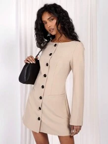 COSMINA Women's Round Neck Long Sleeve Single-Breasted Elegant Mini Dress - Apricot - View 5