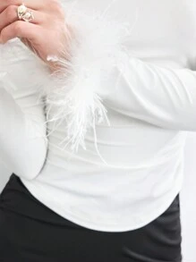 BizChic White Long Sleeve T-Shirt With Feather Decor, Elegant For Party, Holiday, Thanksgiving, Suitable For Women - White - View 10