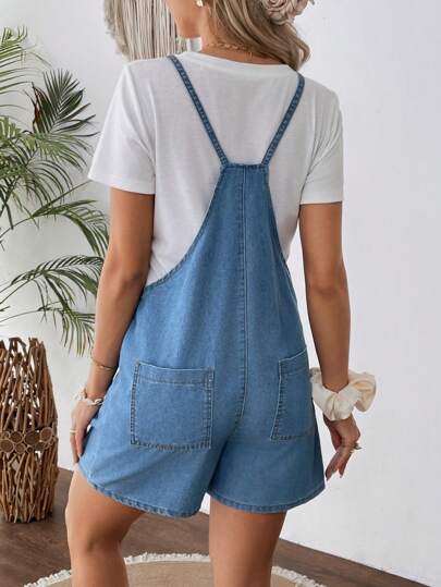 SHEIN Quần short denim đơn giản có túi dây đeo vai cho bà bầu, mặc thường ngày