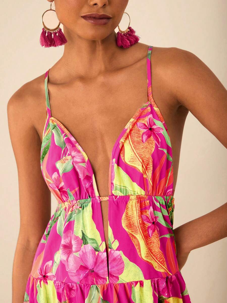 Travachic Woven Print Spaghetti Strap Split Dress For Women - Hot Pink - View 1