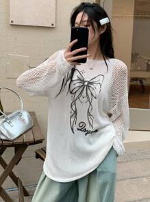 DAZY Damen Pullover mit Schleifenprint, ausgeschnittenen Ärmeln und transparenten Einsätzen, Herbstmode für Frauen - Weiss - Übersicht 3