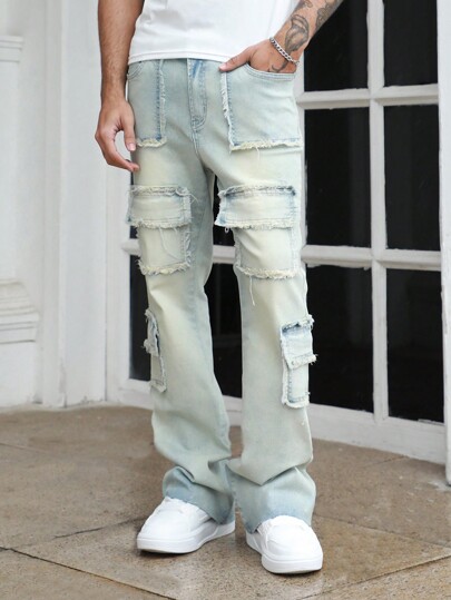 Street Life Pantalones vaqueros rectos de tela de mezclilla casual con bolsillos de carga y efecto desgastado para hombres