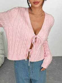 SHEIN Unity Autumn/Winter Pink Bow & Cable Pattern Cardigan, Cute And Commuting Style - Pink - View 6