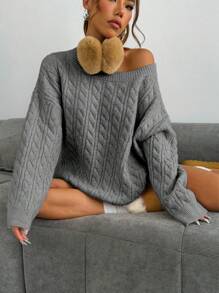 Flirla 女士炭灰色绞花针织毛衣，休闲简约复古风，宽松版型，厚针织，秋冬针织套头衫