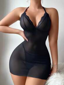 Snug Zone 2 Pcs Sexy Back Pearl Chain Ruched Nightgown And G-String Set, Rave - Black - View 4