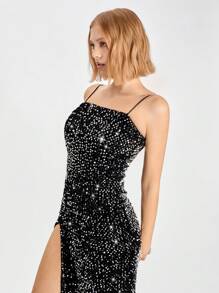 SHEIN EZwear Women's Solid Color Sequin Side Slit Hem Luxurious Maxi Slip Dress