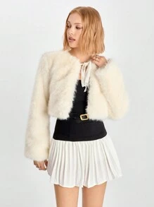 SHEIN EZwear Women Solid Color Front Tie Long Sleeve Simple Casual Short Fluffy Jacket